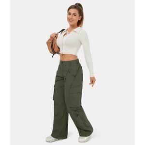 Halara Low Rise Button Zipper Side Pocket Wide Leg Green Cargo Pants Size Small
